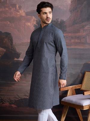 men's cotton chikankari stylish kurta in grey 4