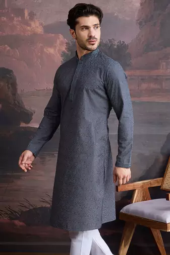 men's cotton chikankari stylish kurta in grey