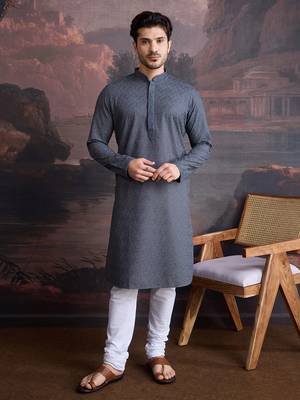 men's cotton chikankari stylish kurta in grey 5
