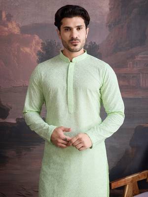 men's cotton chikankari stylish kurta in kiwi green 1