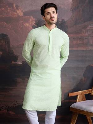 men's cotton chikankari stylish kurta in kiwi green 2