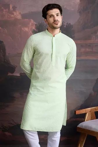 men's cotton chikankari stylish kurta in kiwi green