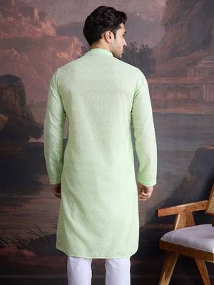 men's cotton chikankari stylish kurta in kiwi green 3