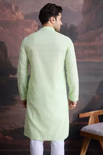 men's cotton chikankari stylish kurta in kiwi green