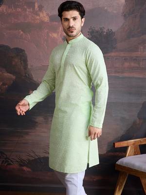 men's cotton chikankari stylish kurta in kiwi green 4