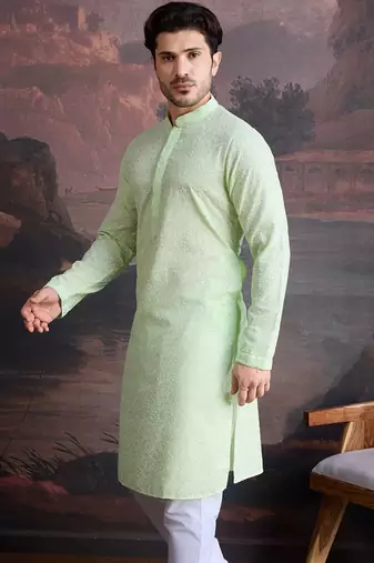 men's cotton chikankari stylish kurta in kiwi green