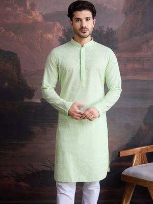 men's cotton chikankari stylish kurta in kiwi green 5