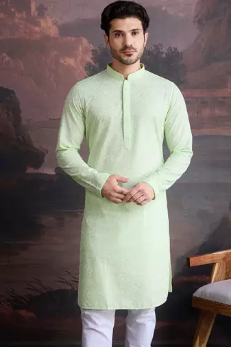 men's cotton chikankari stylish kurta in kiwi green