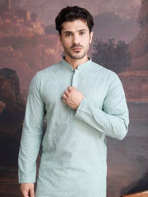 men's cotton light green chikankari stylish kurta 1