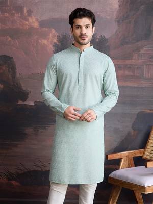 men's cotton light green chikankari stylish kurta 2