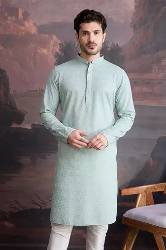 men's cotton light green chikankari stylish kurta