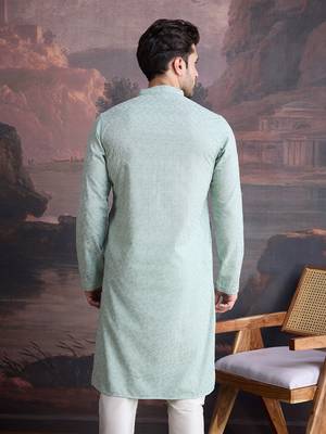 men's cotton light green chikankari stylish kurta 3