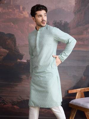 men's cotton light green chikankari stylish kurta 4