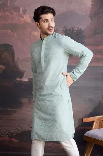 men's cotton light green chikankari stylish kurta