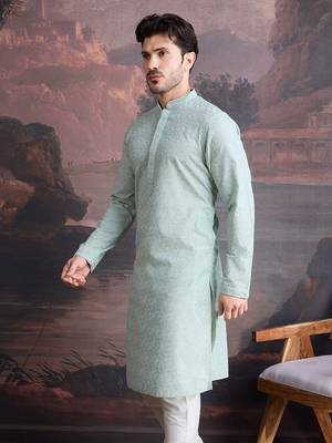 men's cotton light green chikankari stylish kurta 5