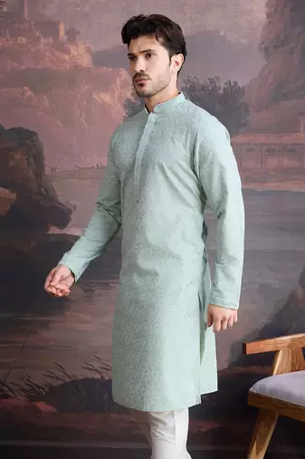 men's cotton light green chikankari stylish kurta