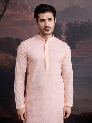 men's cotton chikankari stylish kurta in light pink 1