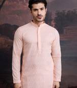 men's cotton chikankari stylish kurta in light pink