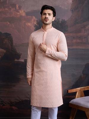 men's cotton chikankari stylish kurta in light pink 2