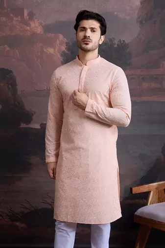 men's cotton chikankari stylish kurta in light pink