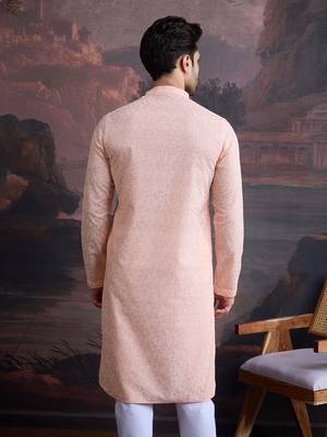 men's cotton chikankari stylish kurta in light pink 3