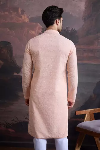men's cotton chikankari stylish kurta in light pink