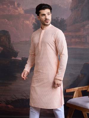 men's cotton chikankari stylish kurta in light pink 4