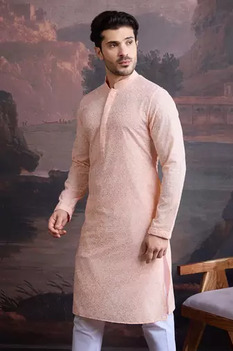 men's cotton chikankari stylish kurta in light pink