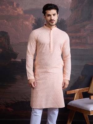 men's cotton chikankari stylish kurta in light pink 5