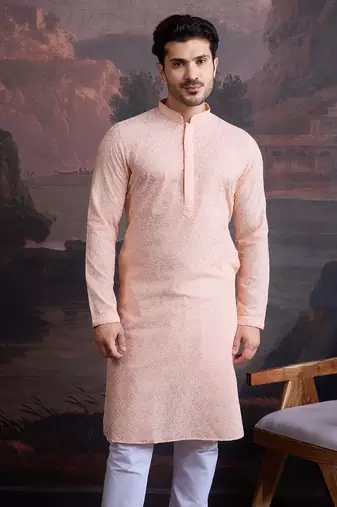 men's cotton chikankari stylish kurta in light pink