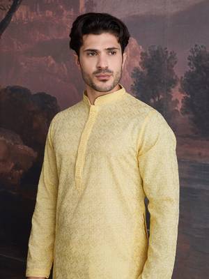 men's cotton chikankari stylish kurta in light yellow 1