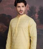 men's cotton chikankari stylish kurta in light yellow