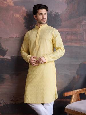 men's cotton chikankari stylish kurta in light yellow 2
