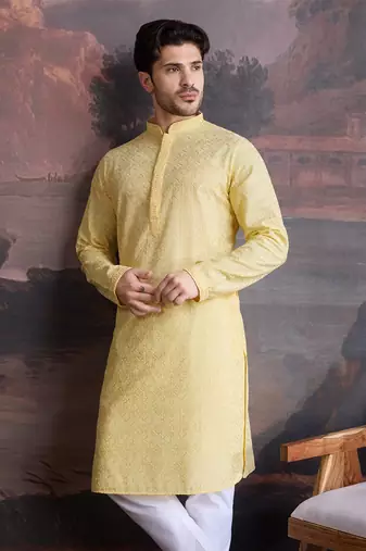 men's cotton chikankari stylish kurta in light yellow