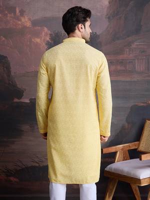 men's cotton chikankari stylish kurta in light yellow 3