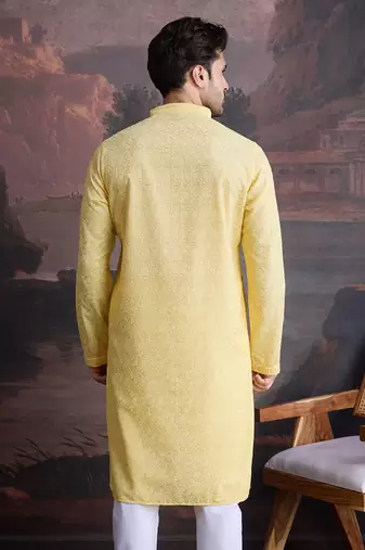 men's cotton chikankari stylish kurta in light yellow
