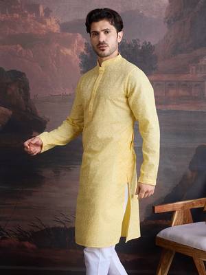 men's cotton chikankari stylish kurta in light yellow 4