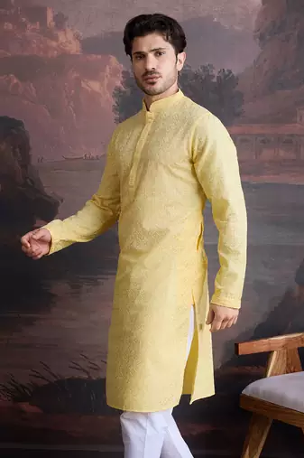 men's cotton chikankari stylish kurta in light yellow