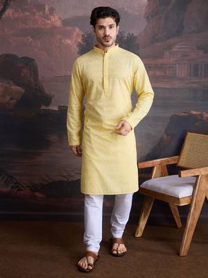 men's cotton chikankari stylish kurta in light yellow 5