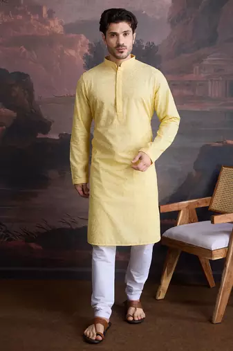 men's cotton chikankari stylish kurta in light yellow
