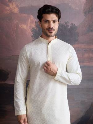 men's cotton chikankari stylish kurta  in off white 1