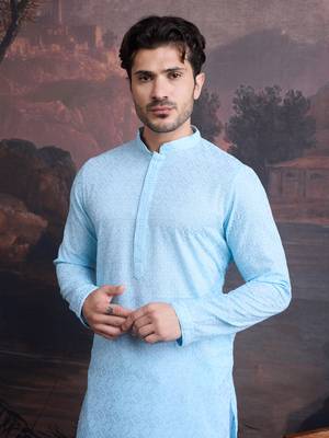 men's cotton chikankari stylish kurta in sky blue 1