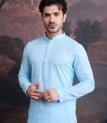 men's cotton chikankari stylish kurta in sky blue