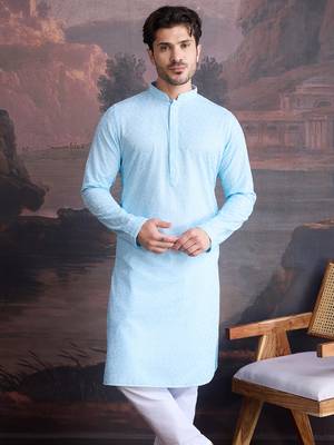 men's cotton chikankari stylish kurta in sky blue 2