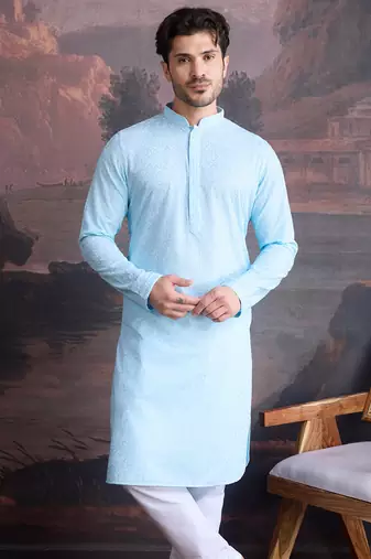 men's cotton chikankari stylish kurta in sky blue