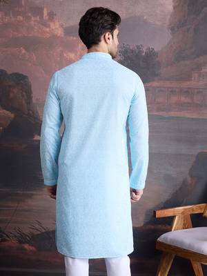 men's cotton chikankari stylish kurta in sky blue 3