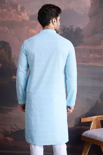 men's cotton chikankari stylish kurta in sky blue