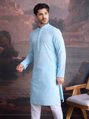men's cotton chikankari stylish kurta in sky blue 4