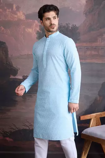 men's cotton chikankari stylish kurta in sky blue