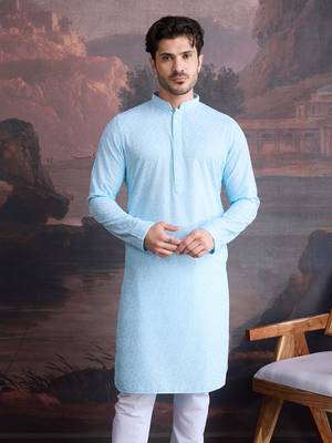 men's cotton chikankari stylish kurta in sky blue 5
